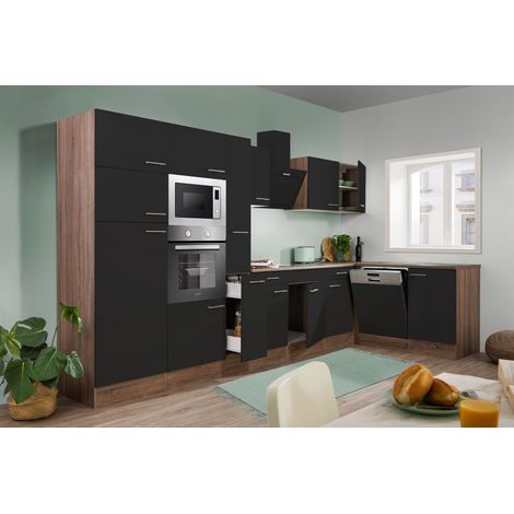 Respekta – Cuisine complète d'angle 370 x 172 cm – Chêne York noir – Évier inox 860 x 435 mm – Four encastrable – Réfrigérateur 220L – Hotte cheminée 60 cm (1/4)