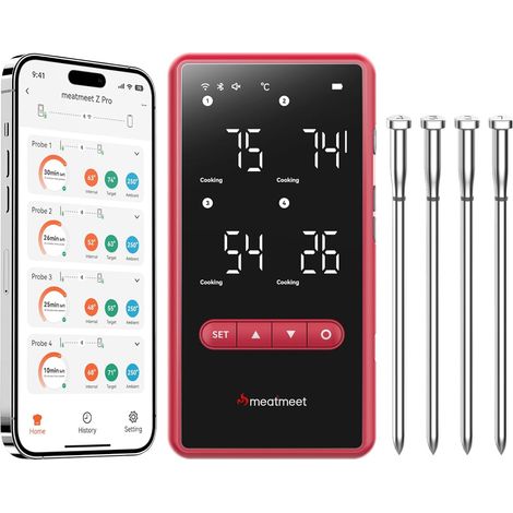 Meat Thermometer with Wi‑Fi and Bluetooth, 4 Probes, 6 Sensors, IP69 Waterproof, 650 ℃, Ideal for BBQ, Grilling, Smokers, Ovens and Kitchen (1/5)