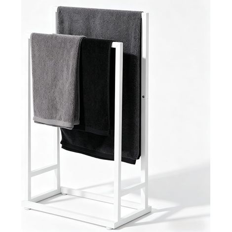 1 - Porte-serviettes sur pied - Métal - 2 barres de séchage - Design autoportant sans perçage - Pour salle de bain et chambre - Blanc mat - 41x21x74 cm (1/5)