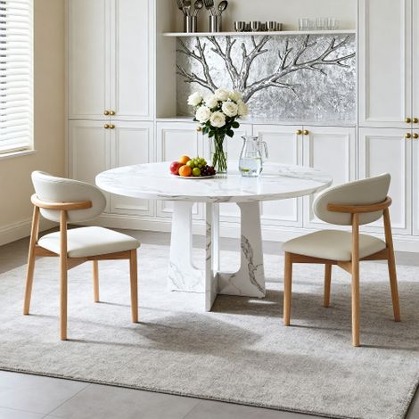 Ensemble de table à manger ronde modulable comprenant 1 table à manger et 2 chaises de salle à manger, table en MDF aspect marbre blanc, chaises de salle à manger avec pieds en chêne pour salle à mang (1/4)