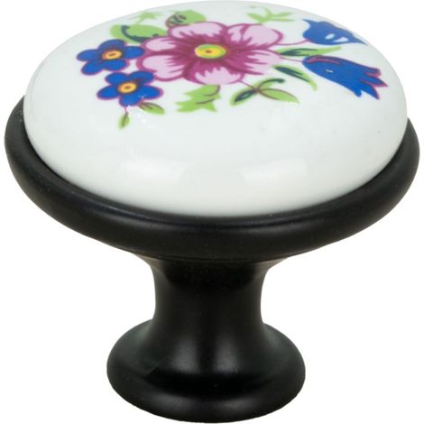 Pomo para mueble redondo negro con cerámica y estampado floral retro. (1/5)