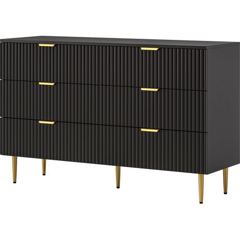 Moderne schwarze Kommode mit 6 Schubladen, 120 x 40 x 76,5 cm, mit goldenen Griffen und Beinen