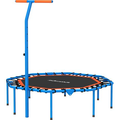 Trampoline de fitness, trampoline d'entraînement avec barre de maintien réglable, stable et silencieux, pour une utilisation en intérieur, en acier, bleu