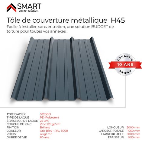 Bravo The Smart Solution – Tôle bac acier TR45 – Couverture toiture – Coloris gris bleu RAL 5008 – Dimensions 2000x1050x0.50mm – Solution économique et de qualité (1/5)