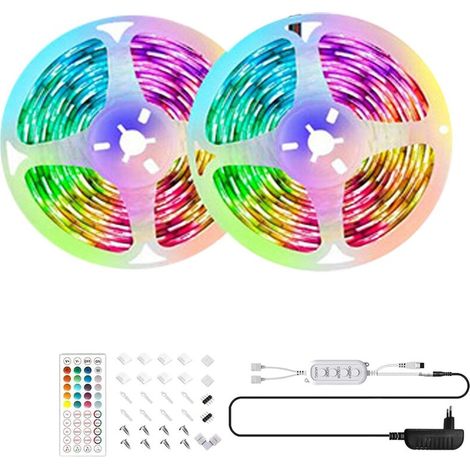 Bande LED 10 m avec prise européenne, synchronisation musicale via application intelligente et changement de couleur, boîtier de commande et télécommande inclus.