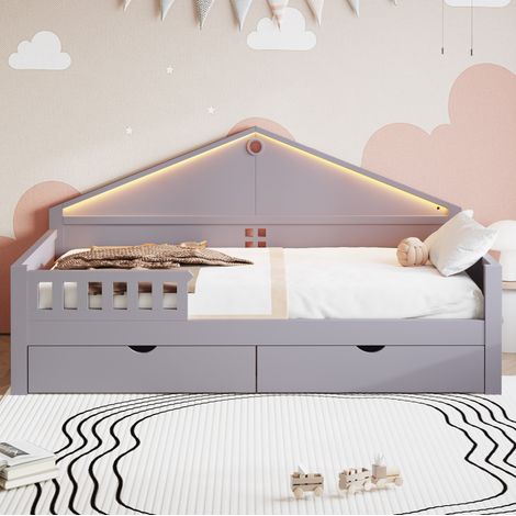 Cama infantil 90x200 cm con LED, 2 cajones, gris, estructura de madera, sin colchón FloraGrace (1/5)