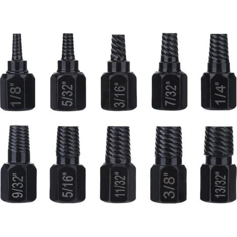 set of 10 screw extractors for removing damaged bolts and broken nuts. The tools are made of high-hardness alloy steel. (1/4)