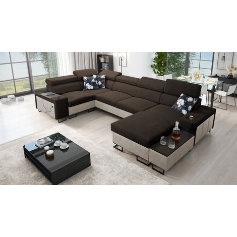 Großes Ecksofa für das Wohnzimmer mit Bar und Schlaffunktion MELODY IV MINI Tauro/Freya Beige/Braun (1/5)
