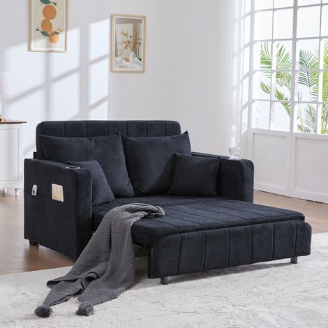 Divano Convertible 2 Posti in Chenille con 2 Portabicchieri, Tasca Laterale, USB e 4 Cuscini, Nero