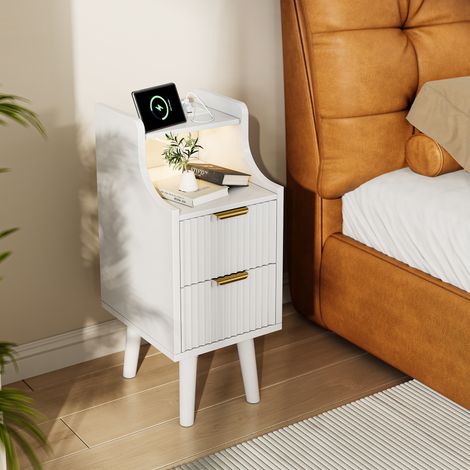 JOOKGBD-Table de chevet narrow blanc 25x60x30cm lot de 2 avec éclairage LED 3 couleurs 10 niveaux station de charge 2 prises secteur USB USB-C rangement tiroirs et étagères angle arrondi (1/5)