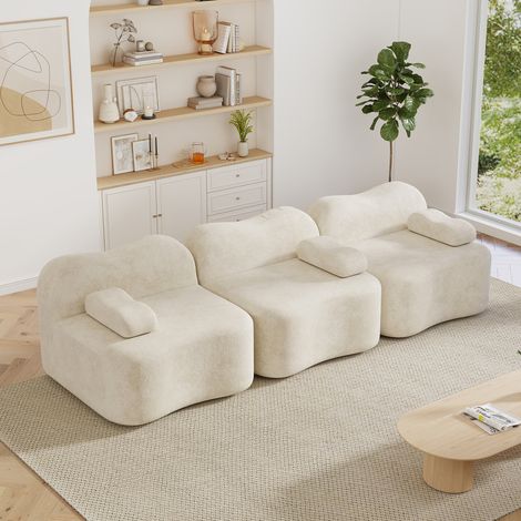 Canapé modulable 3 places 288 x 98 x 70 cm - Velours beige - Forme vague, mousse 32D (1/5)