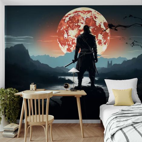 Papier Peint Samouraï - Guerrier face à la Lune Rouge - 400 x 260 cm (1/2)