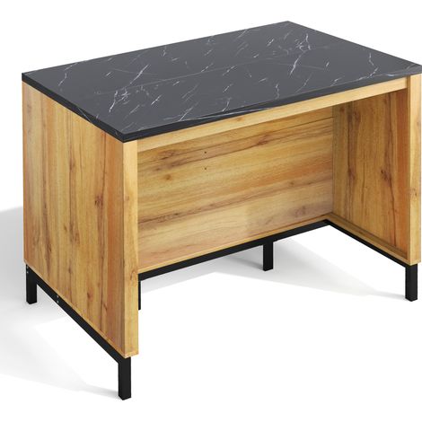 Îlot de cuisine 120×75×90 cm style campagne avec 2 tiroirs, 4 étagères ouvertes, plateau effet marbre noir et structure métallique (1/5)