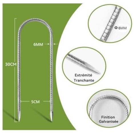 6Pcs 30cm Piquets d'ancrage Résistants en Acier Galvanisé Antirouille avec Crochets en U pour Tentes de Trampoline Convient pour Camp, Jardin, Abri et Balançoires (1/5)