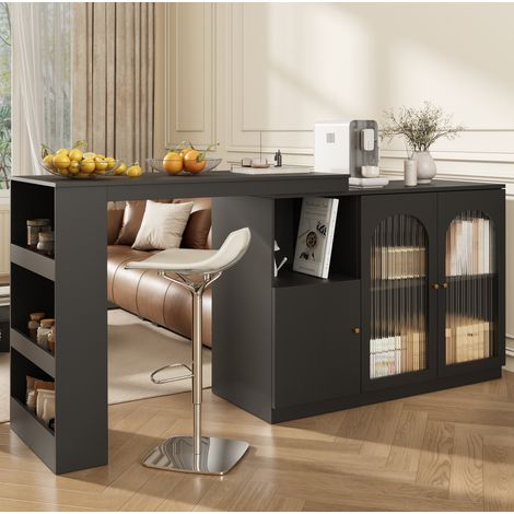 Mobile bar girevole 120x40x97 cm nero in MDF con ante in vetro e scomparti multipli (1/5)
