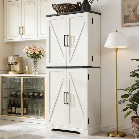 Armoire de Cuisine Style Campagnard, Colonne de Cuisine 183 cm avec Portes Coulissantes de Grange, 1 Tiroir & Étagères Réglables, Grand Rangement - Panneau de Particules Blanc (1/5)