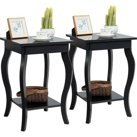 Set de 2 tables d appoint noires en MDF avec étagère de rangement et pieds incurvés, pour salon et chambre (1/5)