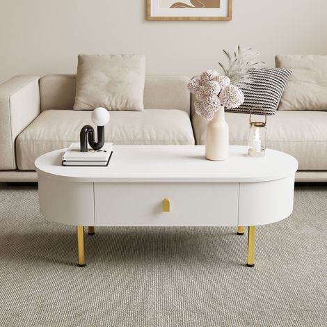 Couchtisch aus MDF in Weiß 108 cm mit 2 Schubladen und goldfarbenen Beinen