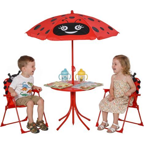 Set da giardino per bambini a 4 pezzi con 2 sedie pieghevoli, un ombrellone e un tavolo rotondo, in acciaio e tessuto Oxford, rosso. (1/5)