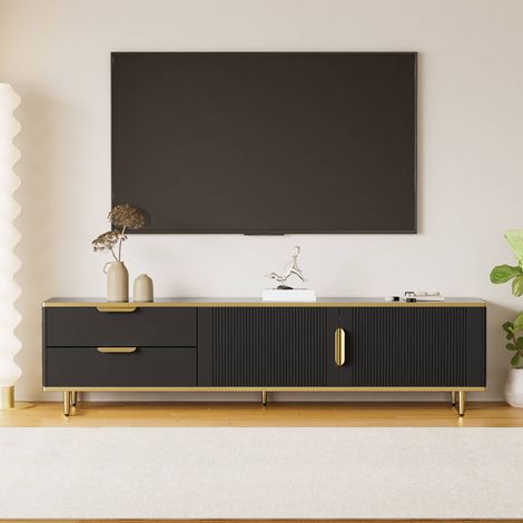 Meuble TV 170 cm, meuble bas de salon à 2 tiroirs et 2 portes avec plateau effet marbre, en MDF, noir (1/5)