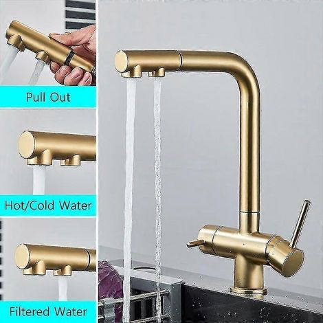 Robinet de cuisine à eau pure avec douchette extractible, rotation à 360°, mitigeur eau chaude/froide à double poignée, montage sur plage - Parfait (1/4)