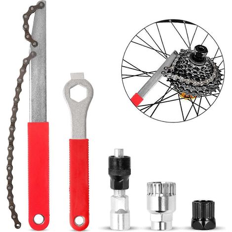 Kits d'outils pour démontage de chaîne de vélo. Ce kit d'outils de réparation de vélo comprend un extracteur de manivelle, une clé, un extracteur de support et un pignon de chaîne pour volant moteur. (1/5)