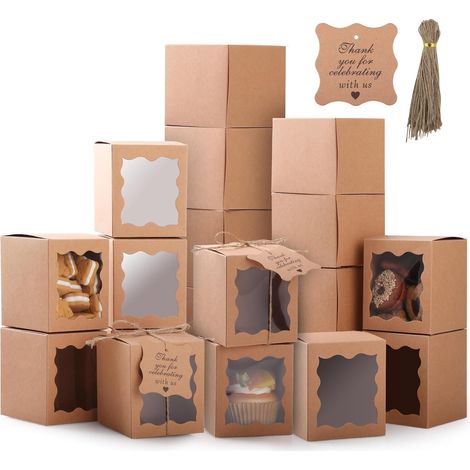 Pack of 20 Kraft Paper Boxes 8.5 x 8.5 x 10 cm with Transparent Windows, Rope and Label for Cupcakes, Sweets, Candles, Biscuits, Chocolates, Kraft Christmas Gifts (1/5)