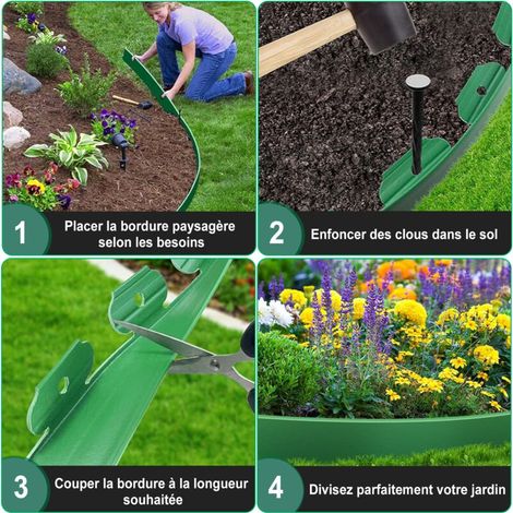 Ultrixe Kunststoff-Garteneinfassung, 15 Meter mit 45 Befestigungspfählen, flexible Raseneinfassung mit stabilen Pfählen, Gartenidee, 50 mm hoch, 3 mm dick, grün (1/3)
