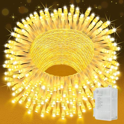 Guirlande lumineuse d'extérieur à piles - 30 m - 300 LED - Avec minuterie - 8 modes - Blanc chaud - Étanche - Pour chambre, fête, balcon, sapin de Noël