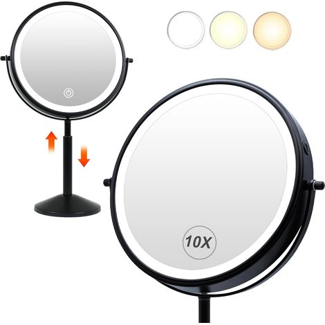 9" Miroir de Maquillage grossissant x 10 avec lumière LED Rechargeable, Hauteur réglable de, Miroir de Rasage sur Pied, Miroir de courtoisie de Bureau Noir 360°