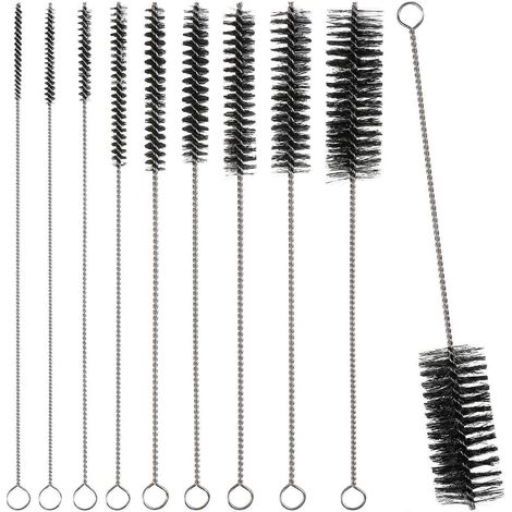 Lot de 10 brosses de nettoyage en nylon et acier inoxydable pour pailles, verres et claviers.-Black
