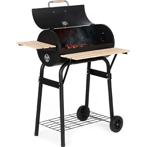 Barbecue a Carbone con Coperchio e Termometro, Griglia di Cottura in Acciaio Inox SS304, Ripiano Frontale e Mensola Inferiore, BBQ Compatto da Giardino con Ruote (1/5)