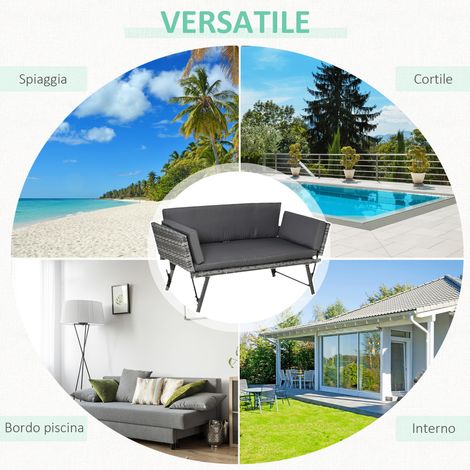 Canapé jardin 2 places gris rotin, coussins inclus, accoudoirs pliants, 129x63x67 cm (1/5)