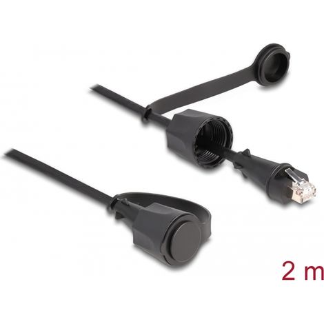Delock Cable de red RJ45 macho a RJ45 macho Cat.6 STP con tapa protectora exterior IP68 resistente al polvo y al agua, negro, de 2 m