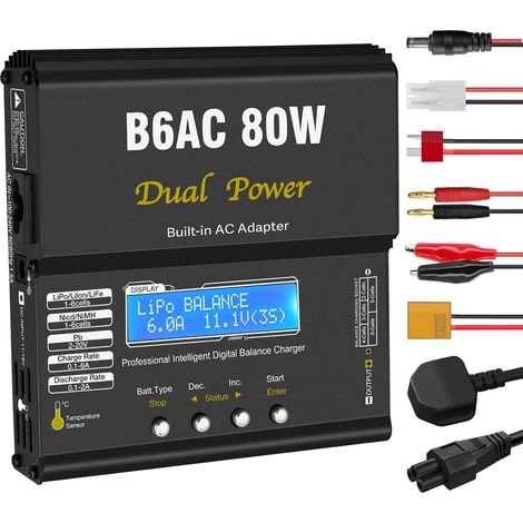 Chargeur Batterie LiPo, 80W 6A Chargeur LiPo RC pour Batteries LiPo/Li-ION/Life (1-6 Cellules), NiMH/NiCd (1-15 Cellules) et PB (2-20V), équipé de Connecteurs XT60/Prise T/Tamiya/Pince Crocodile (1/5)