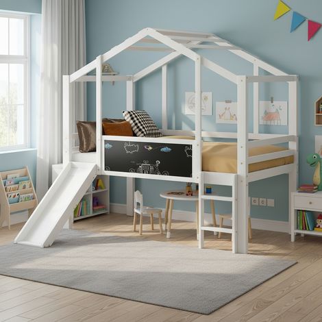 Letto a casetta 90 x 200 cm design mansardato con scala di sicurezza, scivolo e lavagna, sommier a doghe, letto singolo in legno massello, per camera bambini - Bianco