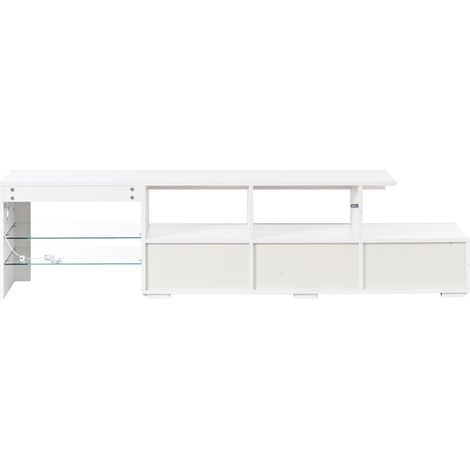 Meuble TV blanc laqué avec LED, 3 tiroirs, pour téléviseurs jusqu'à 65 pouces, 180 x 35 x 45 cm (1/5)