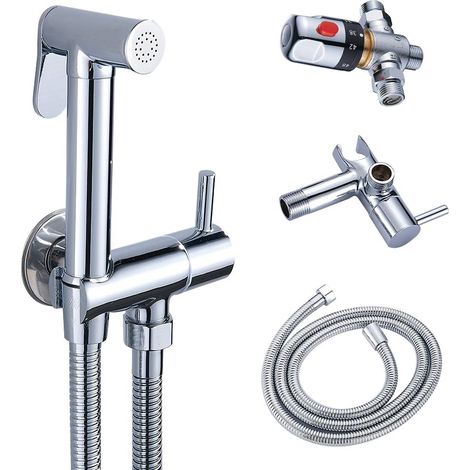 Kit WC-douche avec mitigeur thermostatique et douchette pour une hygiène intime optimale. Finition laiton chromé anti-brûlure. Ensemble WC-douche avec douchette. (1/5)
