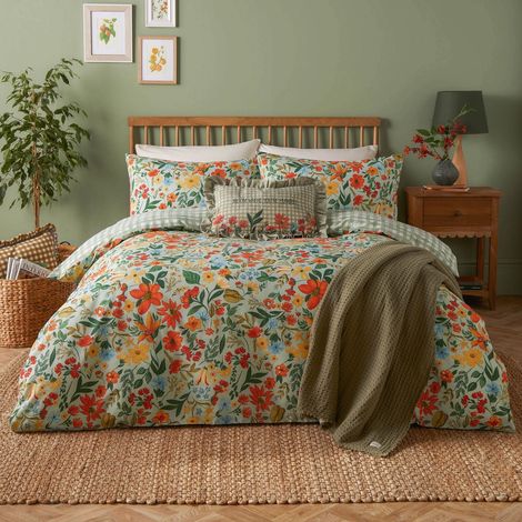 Jeu De Housse De Couette Réversible Polycoton Botanique Fleurs Sauvages Vert Simple 137x200cm (1/3)