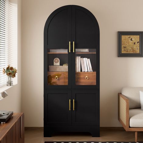 Vitrine haute à LED 180 cm, 4 portes et tiroir, verre trempé, MDF et panneaux de particules noirs (1/5)