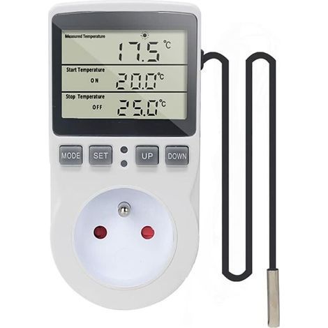 Enchufe Termostato Regulador de Temperatura Digital 220V Calefacción Refrigeración con Sonda, Enchufe LCD Controlador de Temperatura para Nevera Incubadora Invernadero Ventilador (1/5)