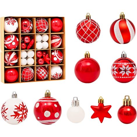 Rote und weiße Weihnachtskugeln aus Kunststoff, 42 Stück, Christbaumschmuck mit verschiedenen Designs, Weihnachtsdekoration