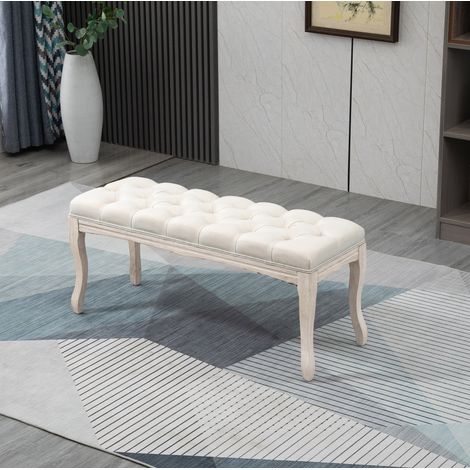 Banc capitonné vintage 110 x 40 x 48 cm en bois de caoutchouc et lin beige HAVRYA (1/5)