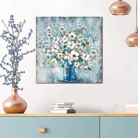 (30 30 Cm) Impression Sans Cadre, Vase Bleu Fleur Blanche Peinture Sur Toile Salon Salle Manger Salle De Bains Dcoration Murale Peinture Noyau I