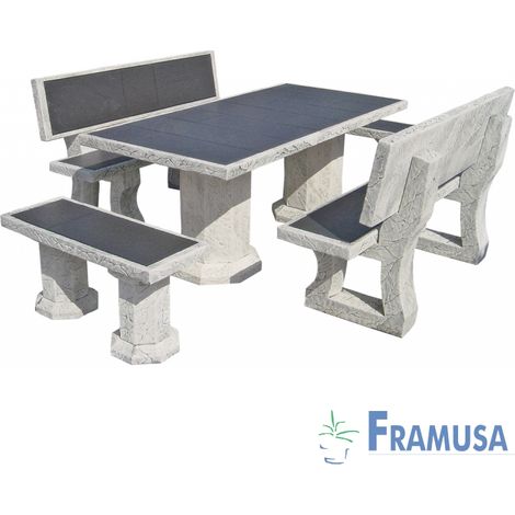 CONJUNTO COMEDOR PIEDRA RECTANGULAR JARDIN RAGAZZO VULCANO GRIS