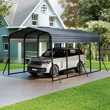 Abri de Voiture Métallique 440x300cm Extérieur Tente de Garage avec Base Renforcée et 4 Pieds Inclinés Supplémentaires Noir (1/3)