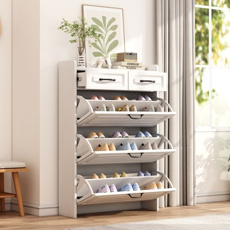 Schuhschrank 80x130 cm mit 3 Klappen und 2 Schubladen, moderner Schuhkipper aus Holz für Flur und Wohnzimmer, Weiß