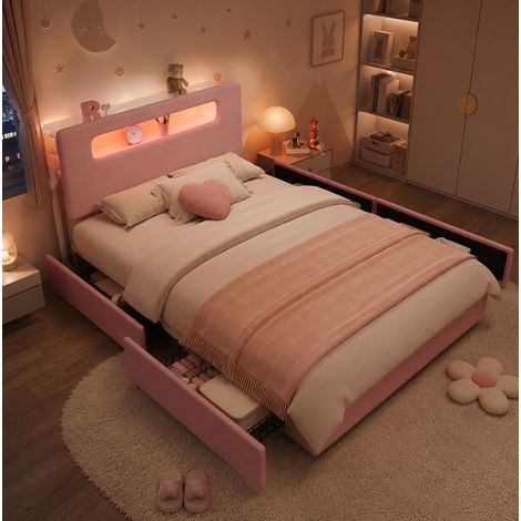 Letto bambino 140x200 cm in velluto rosa, 4 cassetti e LED, senza materasso - MEUBLIV (1/5)