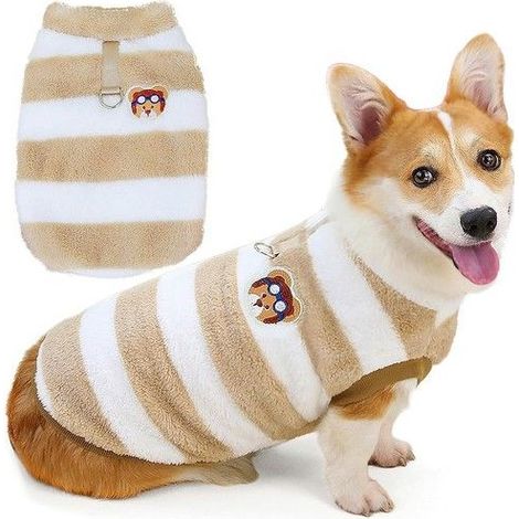 Corgi Pull à rayures pour chiens de petite et moyenne taille - Veste d'hiver en polaire chaude avec anneau en D - Pull pelucheux (1/5)