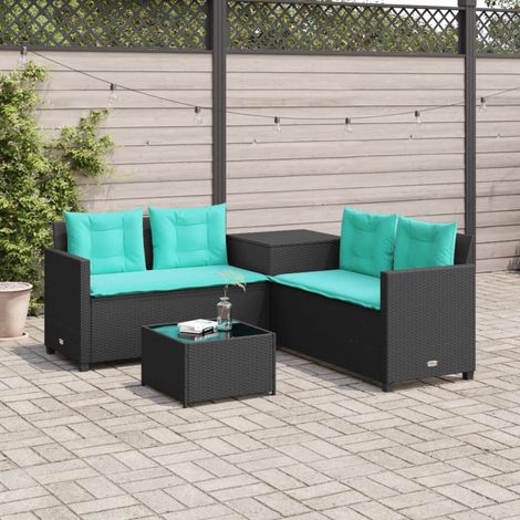 Salon de jardin 4 places en L avec tables et coussins, résine tressée noir et turquoise - PANGIVO (1/5)